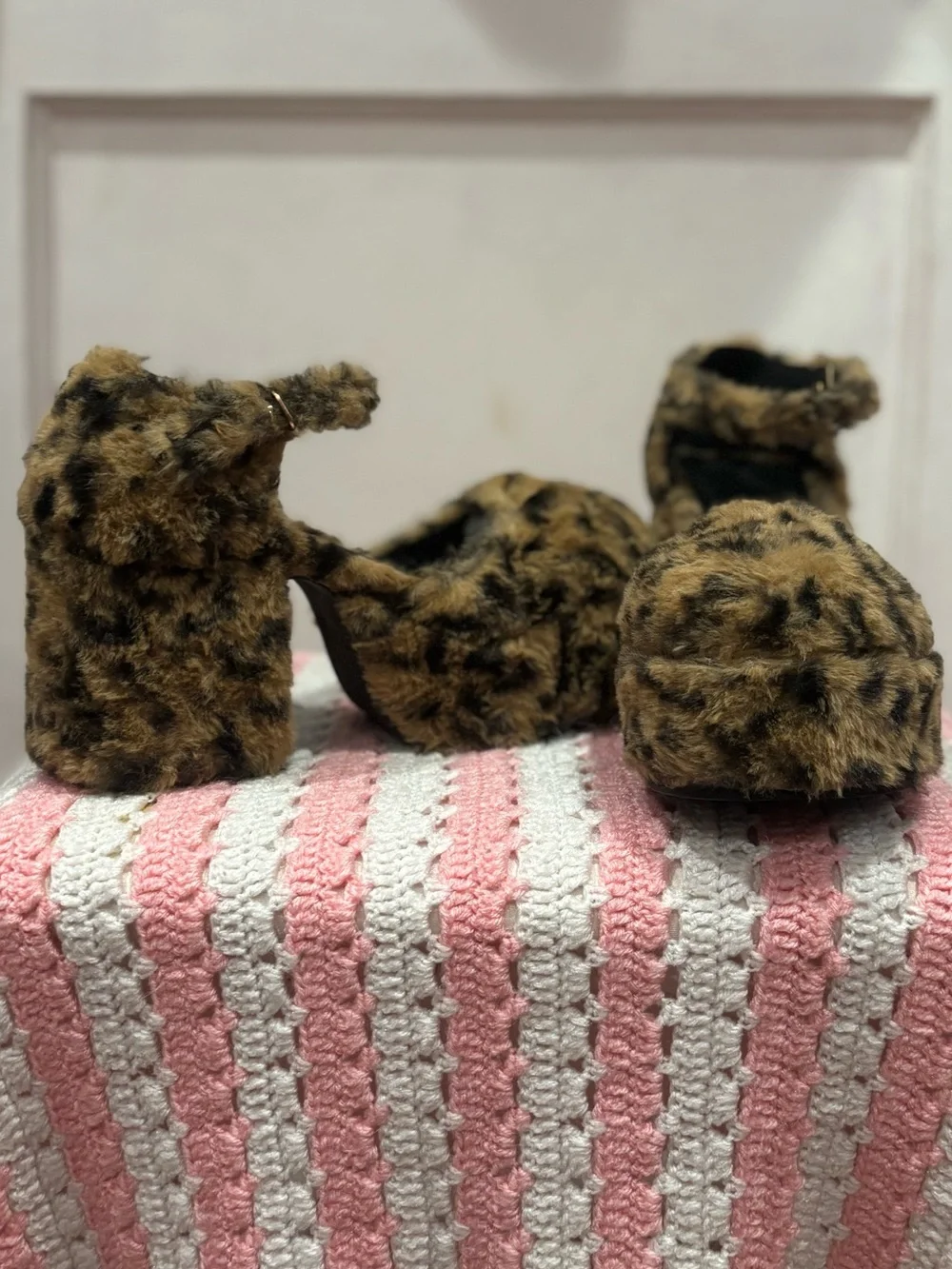 Leopard Faux Fur Platform Heels with Ankle Strap - Brown